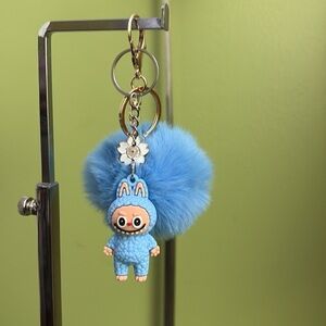 Labubu Blue Keychain Toy With Blue Pom Pom and Flower Charm#2